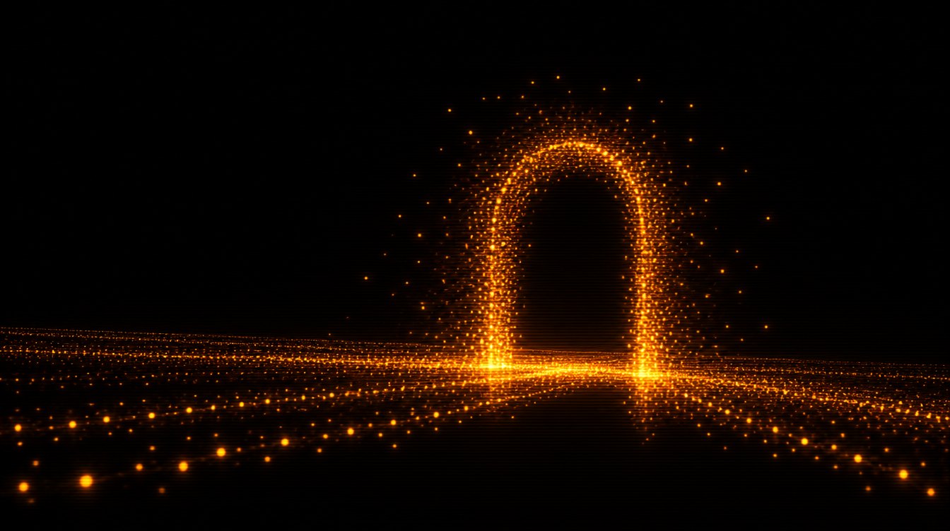 A swarm of amber points forming a gate over a flowing stream of points